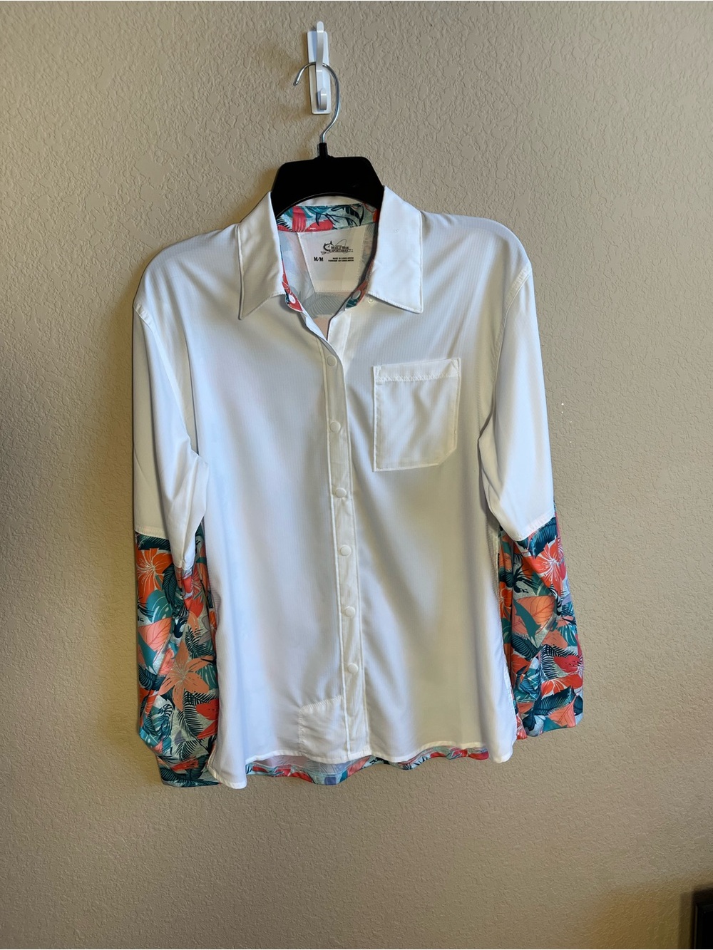White Women’s Button-Up Shirt with Tropical Trim